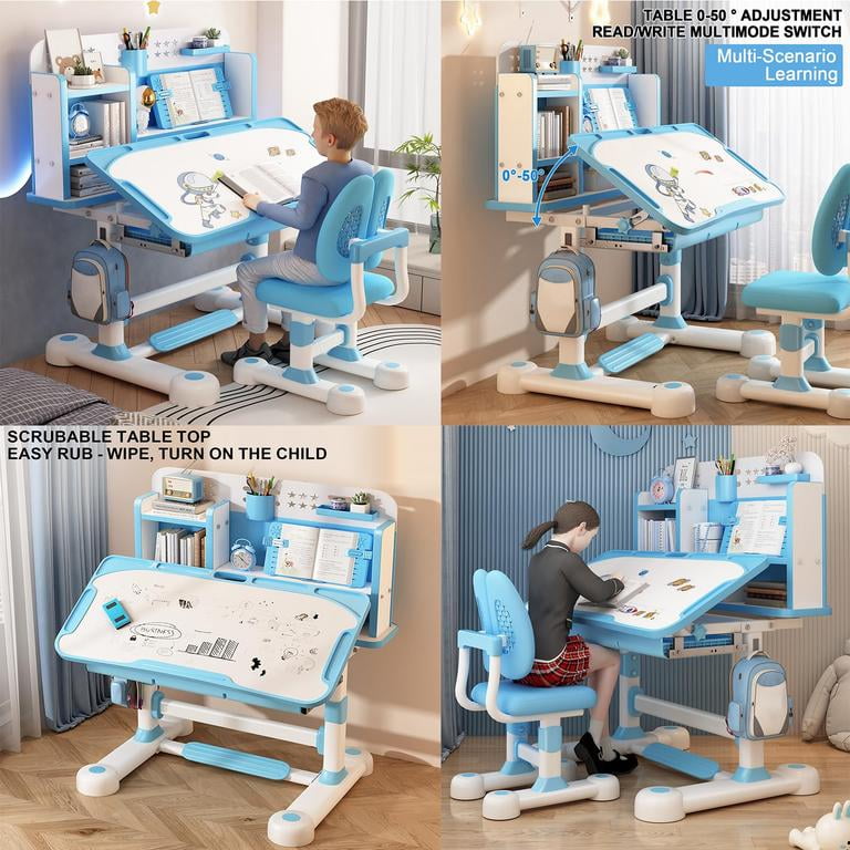 YNCE Kids Desk and Chair Set, Height Adjustable Astronaut Pattern Children School Desk with Shelf & Large Drawers, Kids Writing Study Table for Boys Girls 3+ (Blue #2)