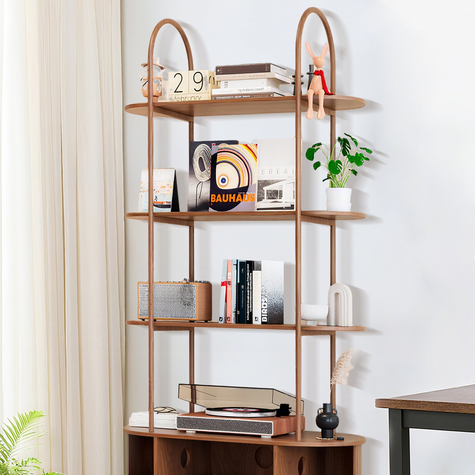 Tall Fluted Arched Bookshelf with Doors, Vinyl Record Player Stand with Storage for Living Room