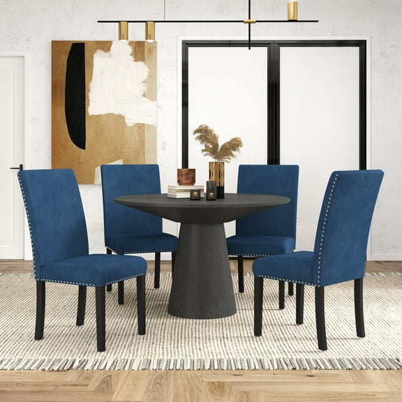 Roundhill Furniture Aurora 5-Piece Round Dining Set, Pedestal Dining Table with 4 Velvet Chairs, Blue