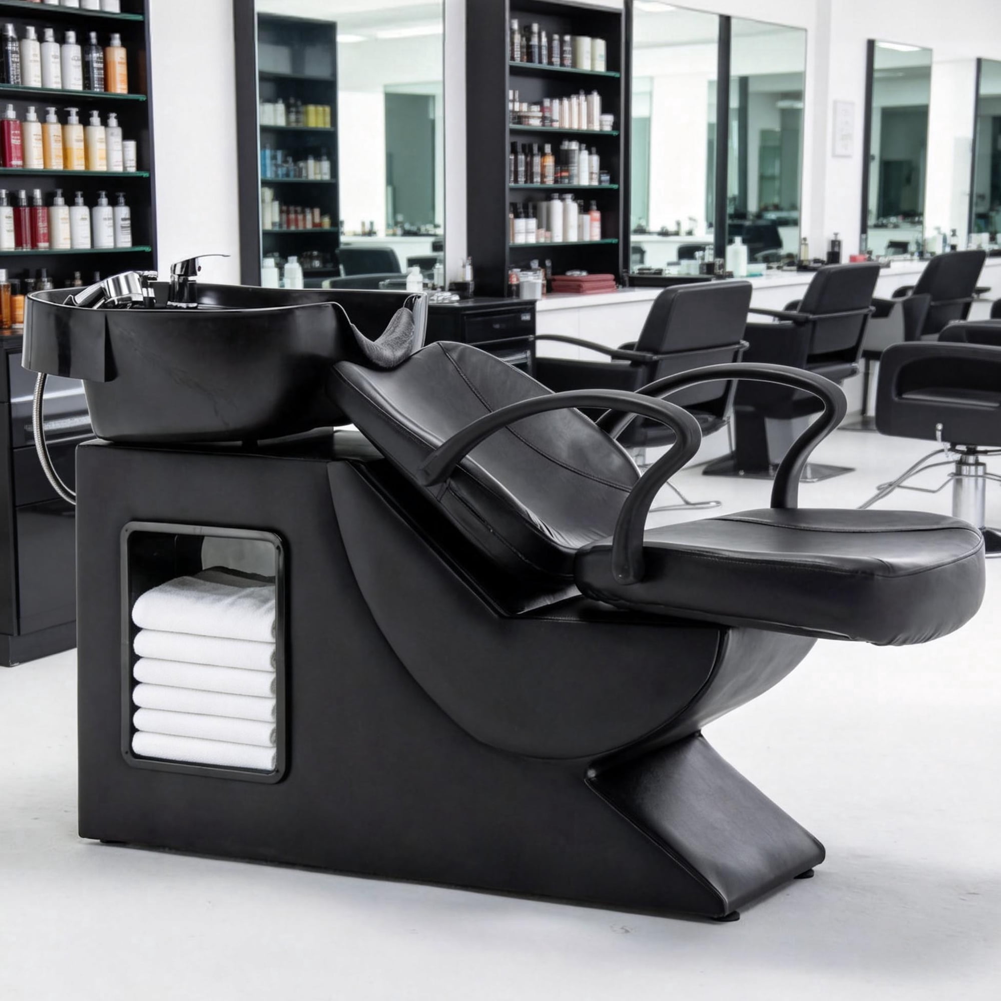 Miniyam 53.5" x 21.7" x 32" Shampoo Station with Chair – ABS Basin, PU Leather, Neck Rest, Side Storage, Hot/Cold Faucet & Sprayer – 300 lbs Capacity – Black for Salon Spa Barbershop