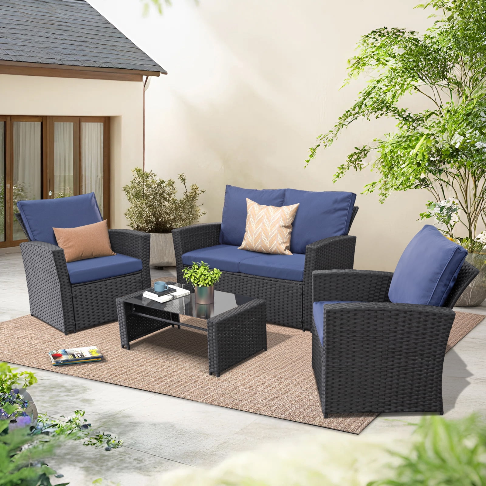 4 Pieces Patio Furniture Set, Indoor/Outdoor Rattan Sectional Sofa Conversation Bistro Set for Garden Balcony Backyard Porch Lawn, Black Rattan/Blue Cushion