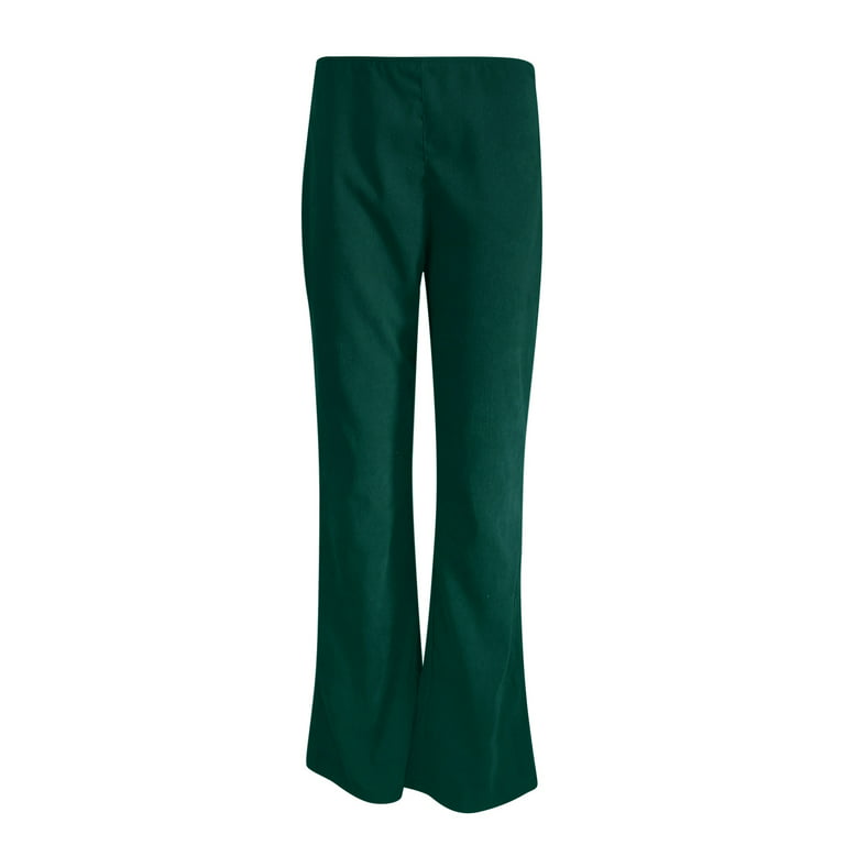 Women Corduroy Flare Pants Elastic Waist Bell Bottom Green Trousers