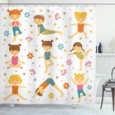 Yoga Shower Curtain, Cartoon Style Exercising Kids with Colorful Daisies Healthy Active Children Stretching, Fabric Bathroom Set with Hooks, 69W X 70L Inches, Multicolor, by Ambesonne