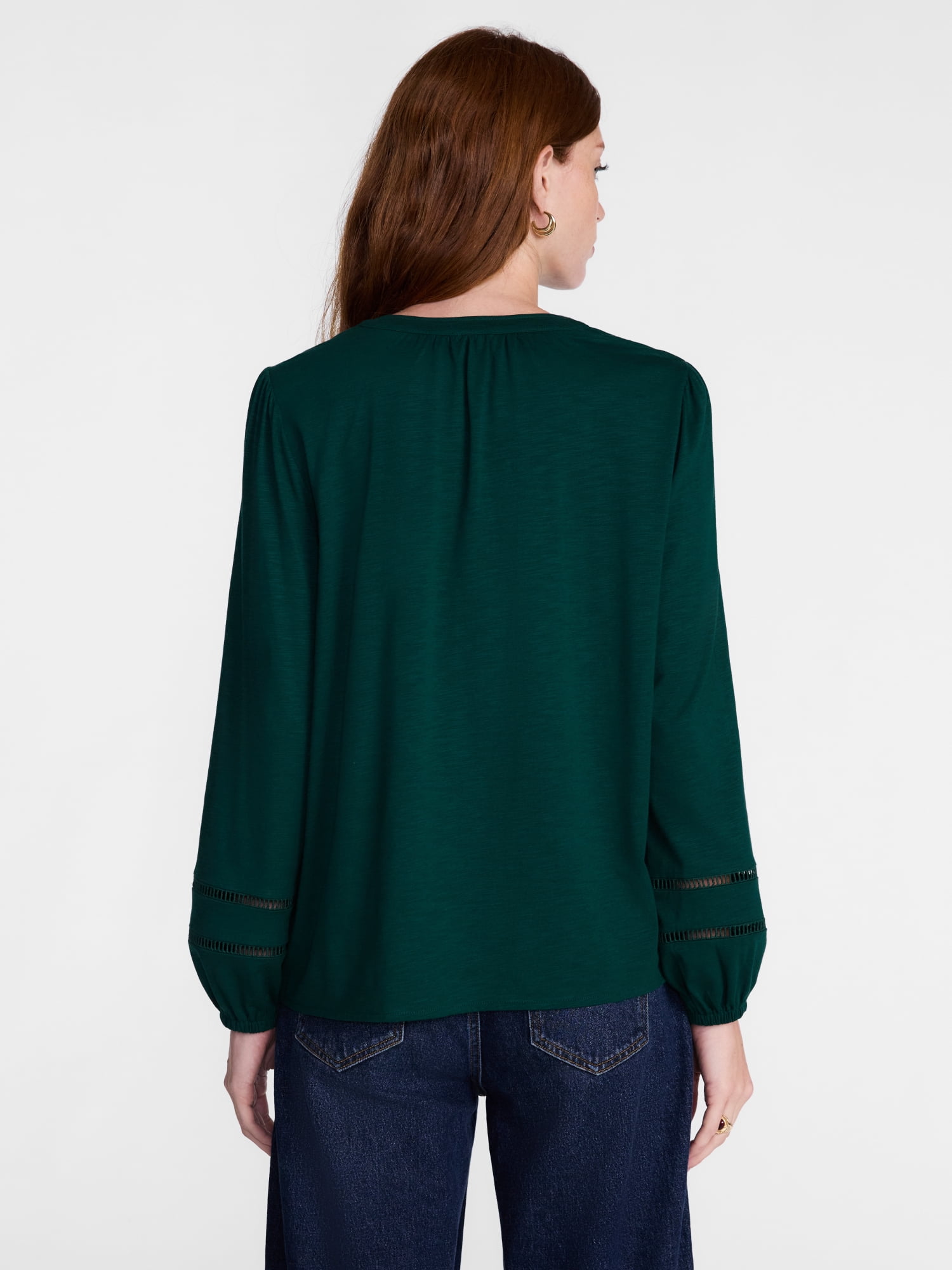 Scenario Women's Slub Knit Split Neck Top with Long Sleeves, Sizes XS-XXXL