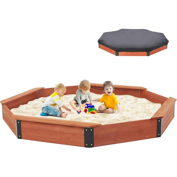 85''x78''x9'' Wooden Octagon Sandbox with Cover, Large Sandpit for Kids Outdoor Patio Backyard Play, Easy & Quick Assemble