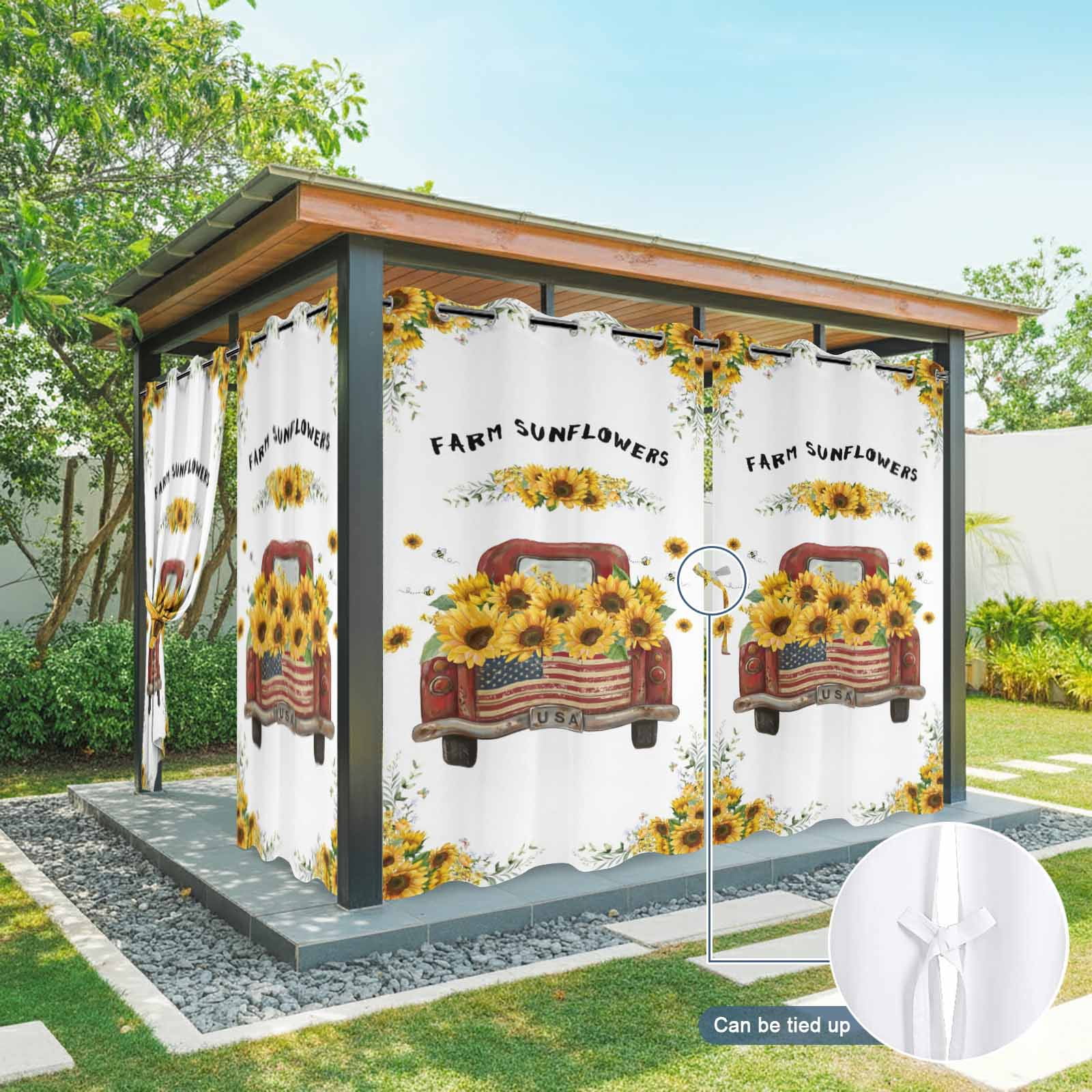 Outdoor Curtains for Patio Waterproof, Sunflower Truck Outdoor Privacy Panels Grommet, Yellow Flowers Summer Botanical Watercolor Blackout Outside Curtains for Porch/Cabana 54"x84", 1 Panel