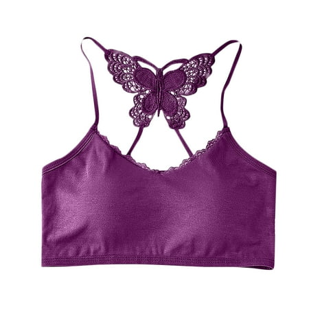 Gnurob Womens Wireless Bras Butterfly Beauty Back Bra Lace Brassiere Criss-Cross Back Padded Underwear Full Coverage Bra Comfort Breathable Bralette Clearance Saving Purple Large