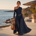 thumbnail image 6 of Quixlent 2 Piece Skirt Set for Women, One Shoulder Long Sleeve Top And Maxi Chiffon Skirt with Belt, Summer Vacation Beach Matching Outfits, 6 of 8