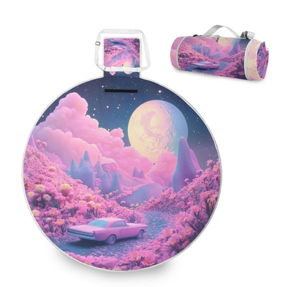 Round Picnic Mat Outdoor Foldable Beach Mat with moisture-proof and Anti-Slip Design for Outdoor, Camping and Yoga Pink Planet with Clouds
