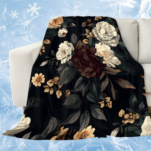 Vintage Black Floral Cooling Blanket,Lightweight Breathable Summer Throw Blanket with Double Sided Cold Effect,Spring Seasonal Botanical Blooms Picnic Blankets Bed Sheet for Hot Sleepers 60"x80"
