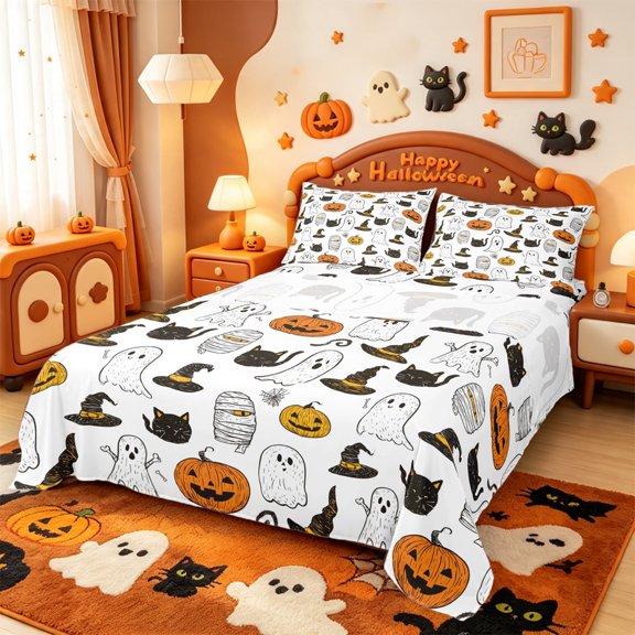 Manfei Spooky Pumpkin Lantern Bed Sheets,Ghost Print Halloween Full Size Sheets,4pcs,1 Flat Sheet,1 Fitted Sheet and 2 Pillowcases