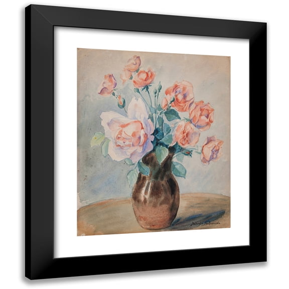 Jadwiga Gałęzowska 12x14 Black Modern Framed Museum Art Print Titled - Roses in a Vase (1940s)