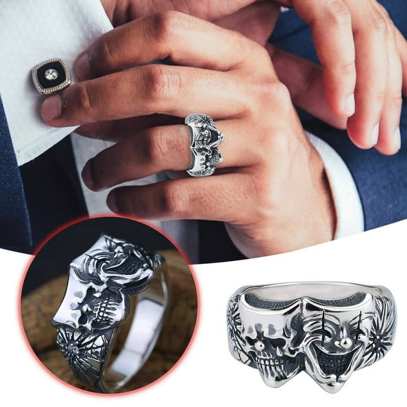Riforla Men's Ring Gothic Retro Good and Evil Double Design Open Cycling Ring Men's Retro Trend Ring Rings Grey