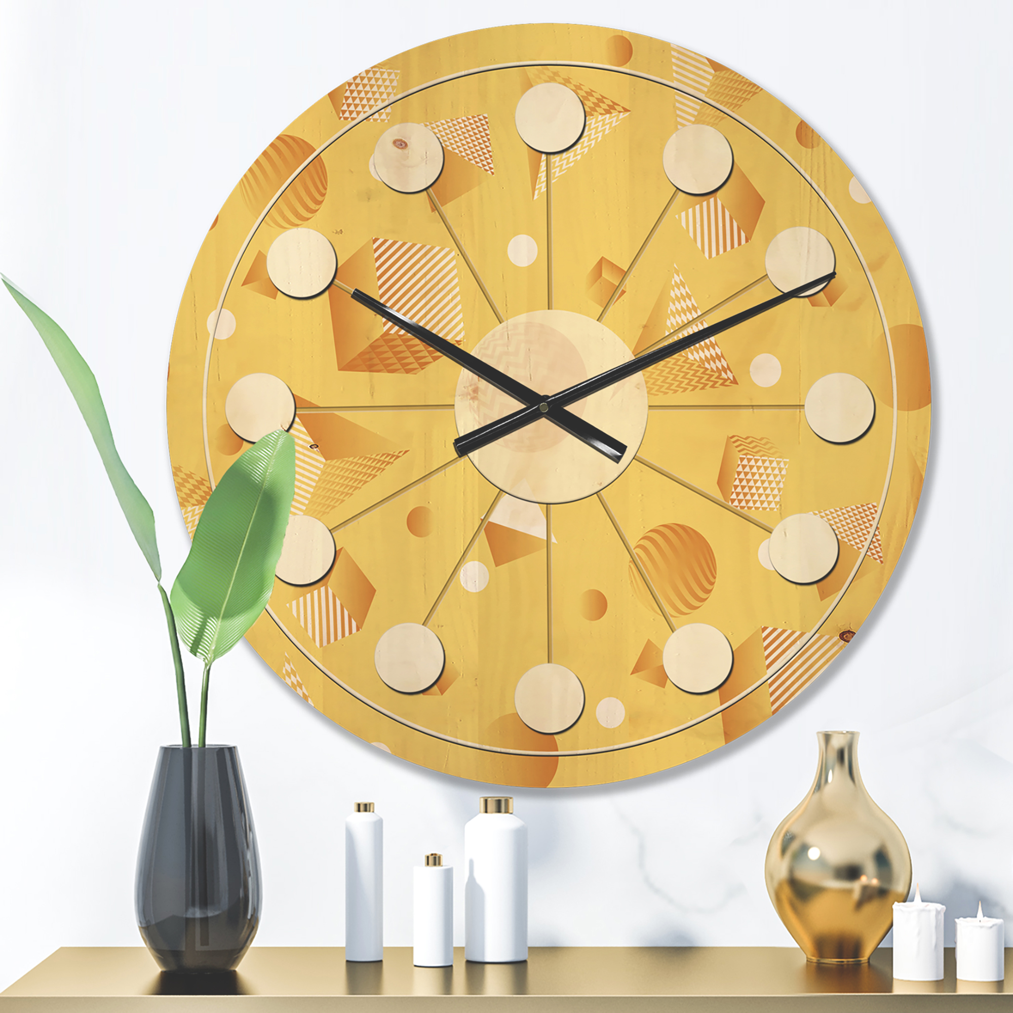 Designart 'Yellow Minimal Geometrical Shapes' Mid-Century Modern Wood Wall Clock