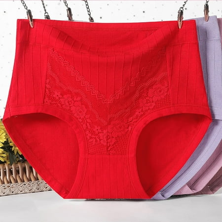 YWDJ Panties for Women Plus Size Cotton Lace Lightweight High Waist No Show Solid Lace Plus Size High Waist Leak Proof Cotton Crotch Shorts Underwear Panties Red 5XL
