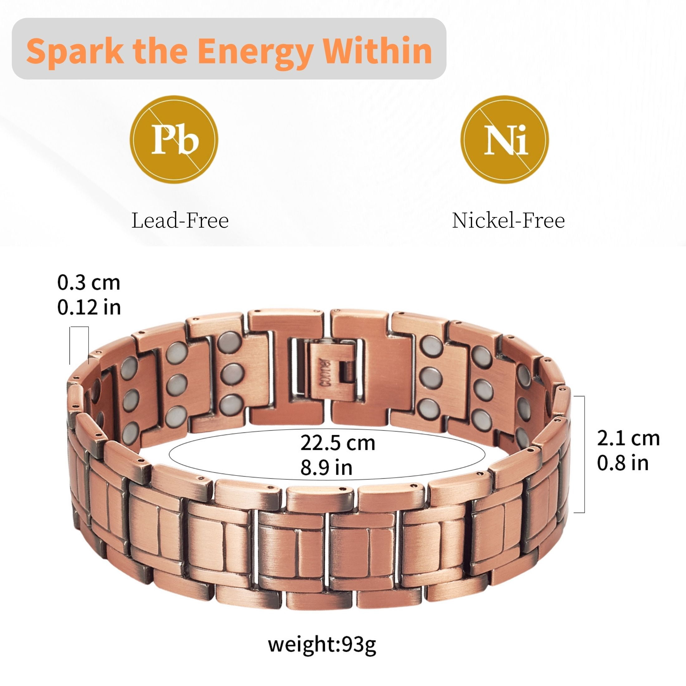 Metaljc 3X Strength Magnetic Copper Bracelet for Men, Gifts for Husband, Length 8.9 In, Width 0.8 In