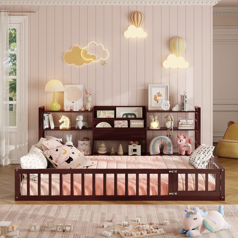 Full Size Floor Bed Platform Bed with Side Bookcase and 3-Tier Storage Shelves, Solid Wood Low Profile Montessori Floor Bed with Safety Guardrails for Kids, Boys, Girls