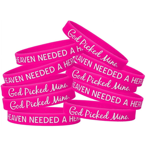 Fight Like a Girl Heaven Needed a Hero God Picked Mine Silicone Wristband Bracelet 10-Pack Hot Pink