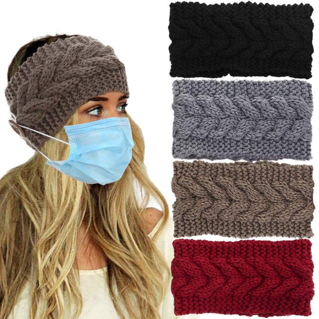 Diadema de punto para mujer, 4 piezas, cálida en invierno, diadema trenzada con botones para cubrir la máscara, diadema envuelta en clima frío para un regalo cálido para las orejas