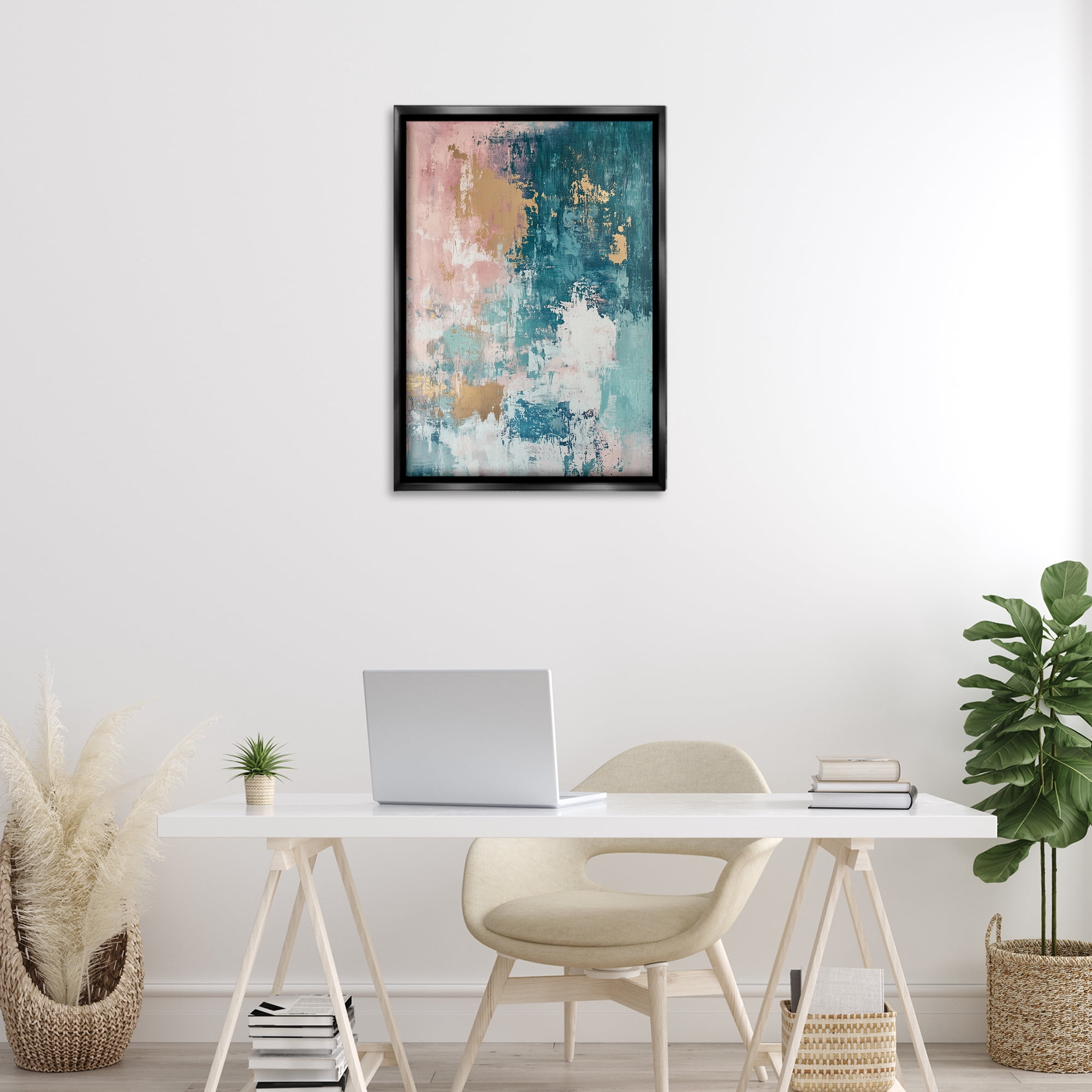 Stupell Industries Teal Green Gold Abstract Abstract Painting Black Floater Framed Canvas Art Print Wall Art, 21 x 31