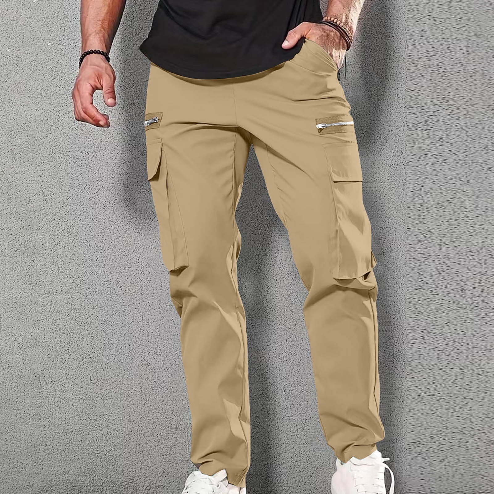 JURANMO Cargo Pants for Men Elastic Waist Straight Leg Work Pants Outdoor Hiking Pants with Multi Pockets 2024 Summer Holiday Deals Khaki XL