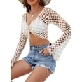 thumbnail image 4 of Arvbitana Women's Summer Mini Knit Cover Up Long Sleeve V Neck Hollow Tie Up Beachwear Knitwear, 4 of 6