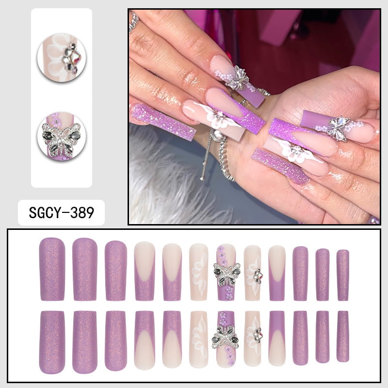 24 Long Coffins with Purple Flower Patterns ABS Full Gloss Fake Nails&1 Nail File and 1 Piece of Jelly Glue press on nails