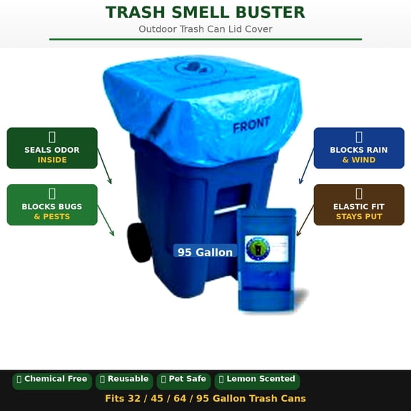 Trash Smell Buster 95 Gallon Outdoor Plastic Garbage Cans with Covers, Blue