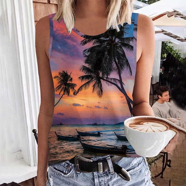 LSLJS Women Floral Printing Tank Round-Neck Sleeveless Block Tunic Tee Tops, Womens Tank Tops