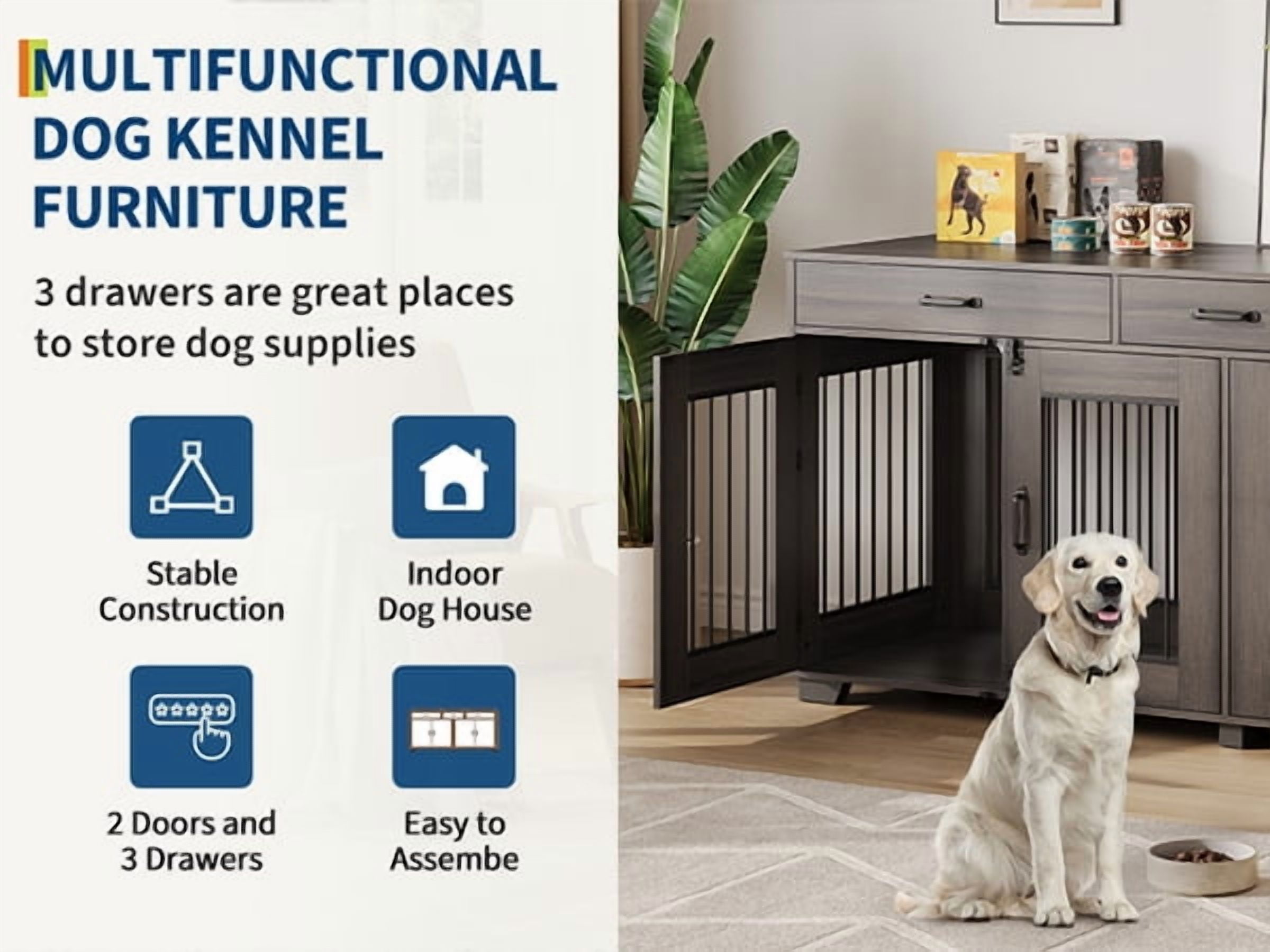 71-Inch Large Dog Crate with 3 Drawers for 2 Dogs, Spacious Wooden Indoor Kennel with Divider, Large Breed Dog Crate and TV Stand, Perfect for Medium Large Dogs