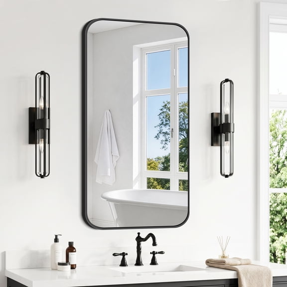 VONIGEE 20x40 Inch Black Bathroom Mirror, Rectangle Wall Mounted Mirror with Aluminum Frame Rounded Corner, Shatterproof Glass Classic Design for Bedroom, Living Room, Entryway