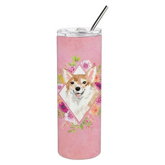 Carolines Treasures CK4243TBL20 Corgi Pink Flowers Stainless Steel 20 oz Skinny Tumbler 20 oz multicolor