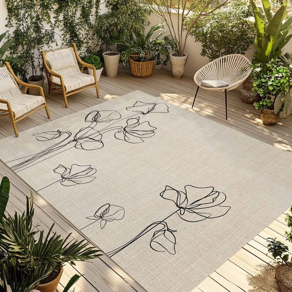 Retro Beige Flowers Outdoor Rug for Patio/Deck/Porch, Non-Slip Large Area Rug 4 x 6 Ft, Rustic Abstract Floral Simple Art Indoor Outdoor Rugs Washable Area Rugs, Reversible Camping Rug Carpet Runner
