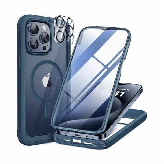 1997 Magnetic for iPhone 15 Pro Max Case 6.7'' [Compatible with Magsafe] Full-Body Drop Proof Bumper Phone Case for iPhone 15 Pro Max with Built-in 9H Tempered Glass Screen Protector,Blue