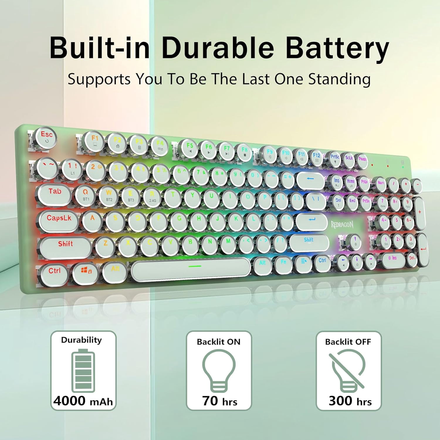 Wireless Typewriter Mechanical Gaming Keyboard, Bluetooth/2.4Ghz/Wired,Blue Switch - Clicky, Rechargeable, Solid Metal Panel, Round Keycaps, Green