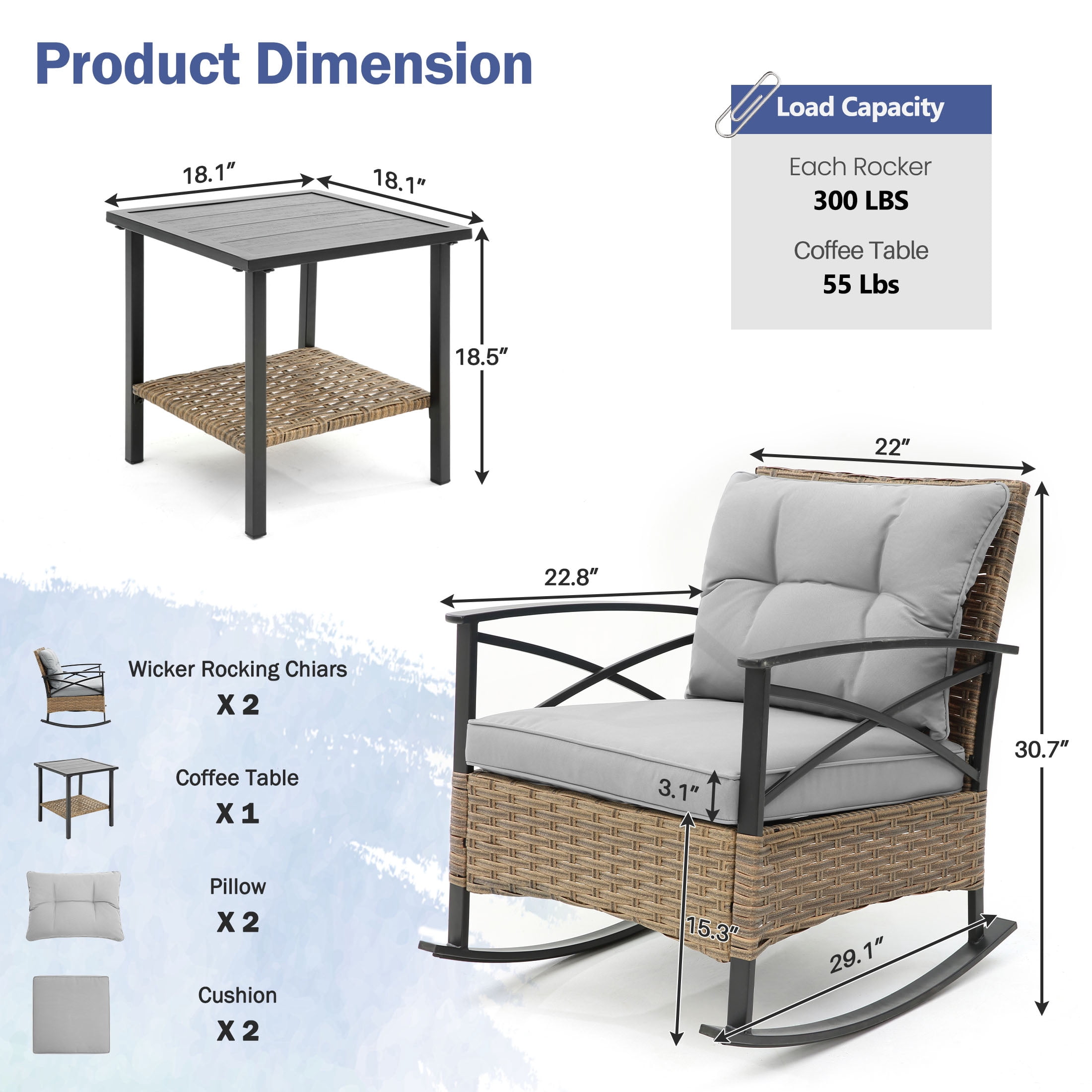 Segmart 3 Pieces Outdoor Patio Bistro FurnitureSet, PE Wicker Rattan Front Porch Conversation Chairs with Cushions Outside & Coffee Table, Max Weight 250LBS, Gray