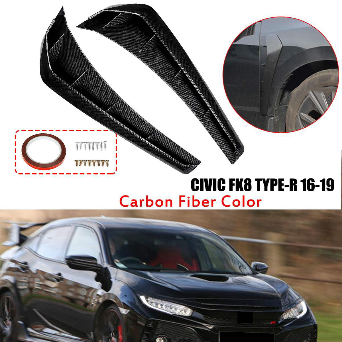 Glossy Black ABS Side Fender Vent Air Wing Cover Trim For Honda Civic 10th 16-19