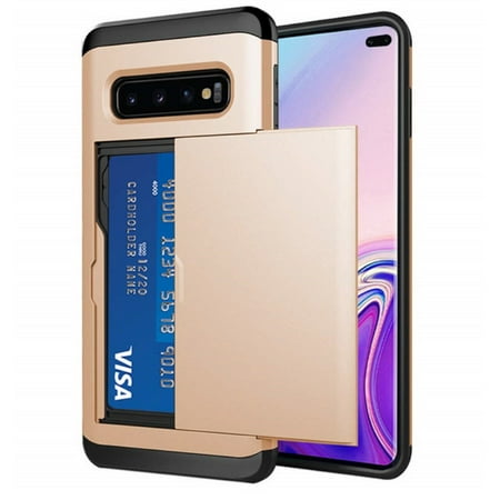 Card Slot Holder Wallet Samsung Galaxy S10 Case (Gold) Dual Layer Shockproof with Heavy Duty Protection