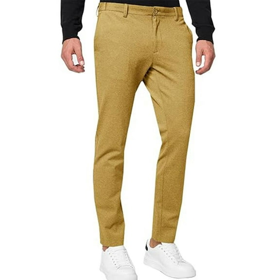 GuangCheng Mens Dress Pants,Slim Fit,Stretch,Chino Pants,Flat Front,Work Suit Trousers ,Khaki,Size M