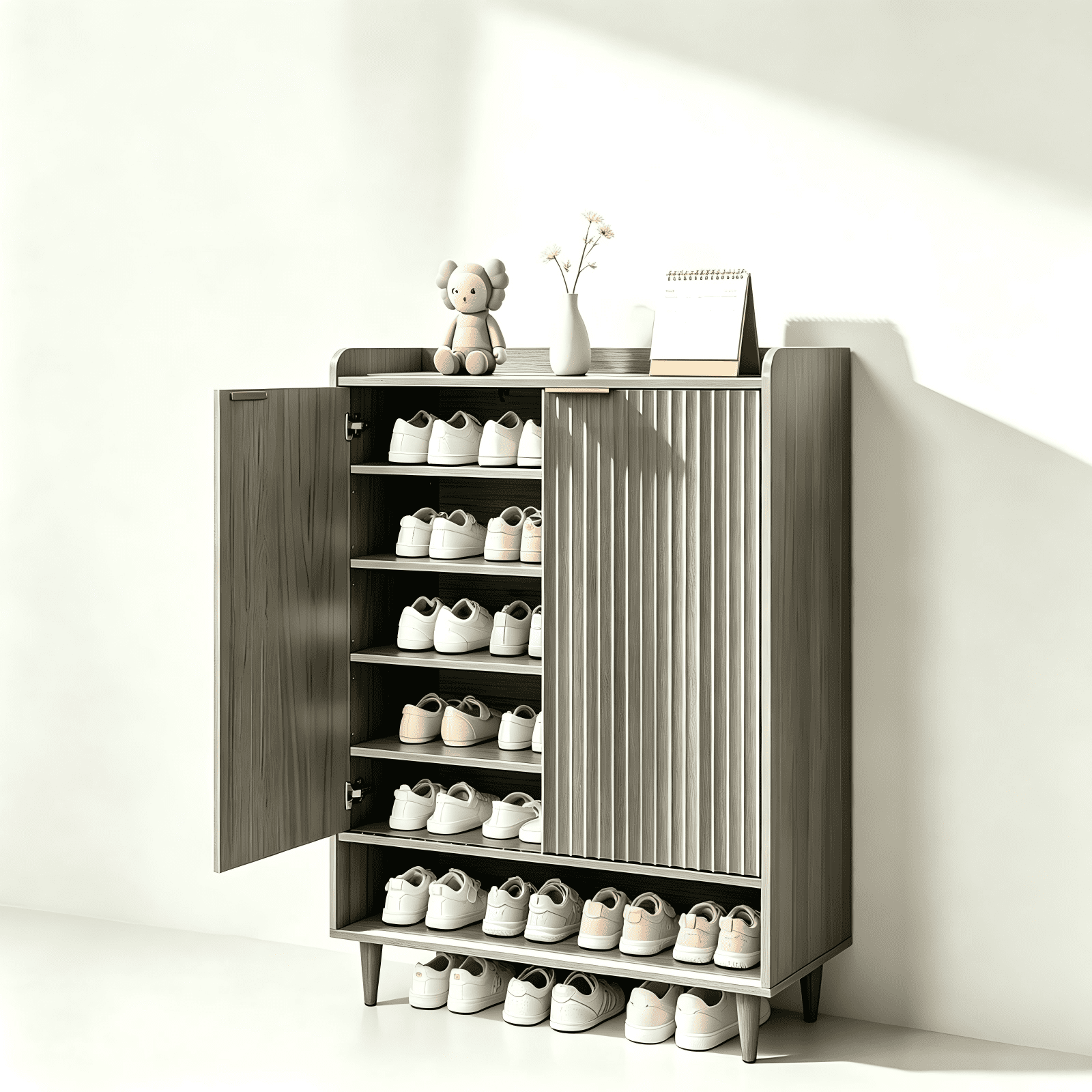 2 Cabinet Doors with Top Railing and 1 Row of Shelves for Shoe Cabinets Melamine Board + MDF Conical Leg Grille Shoe Cabinet, 31.61*14.17*41.97in, Grey Oak