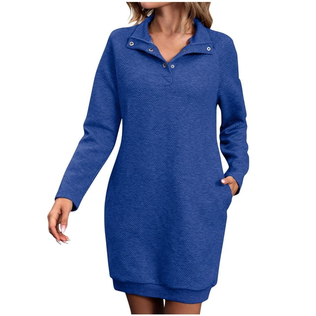 Robes de Travail pour Femmes Automne Hiver Manches Longues Col Roulé Robe Chandail en Molleton Bouton Solide Col à Revers Mini Robe Chandail S-262 Bleu m
