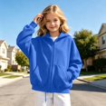 thumbnail image 2 of Girls Solid Color Full Zip Hooded Sweatshirt, Kids Zip‑Up Hoodie Jacket, Loose Fit Casual Outerwear Tops for Autumn Winter Daily School Outdoor Travel Wear(Blue,7-8 Years), 2 of 6