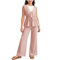 thumbnail image 5 of Ynynloco Girl's 2 Piece Summer Outfits Bow Striped Ruffle Peplum Tank Top Matching Wide Leg Pants Cute Clothing Sets 9-16 Years, 5 of 8