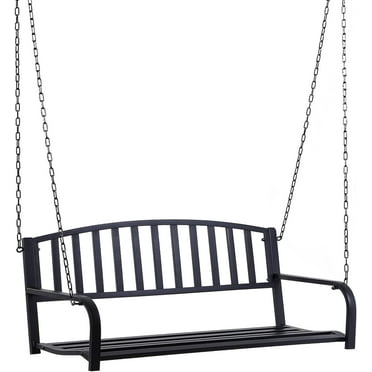 Outdoor Steel Swing Chair: 2 Person Front Porch Swing Patio Swing Bench with Sturdy Chains, 528 lb Weight Capacity, Black