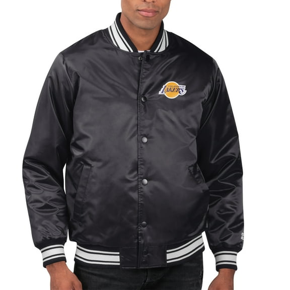 Men's Starter Black Los Angeles Lakers Printed Team Name Satin Varsity Full-Snap Jacket