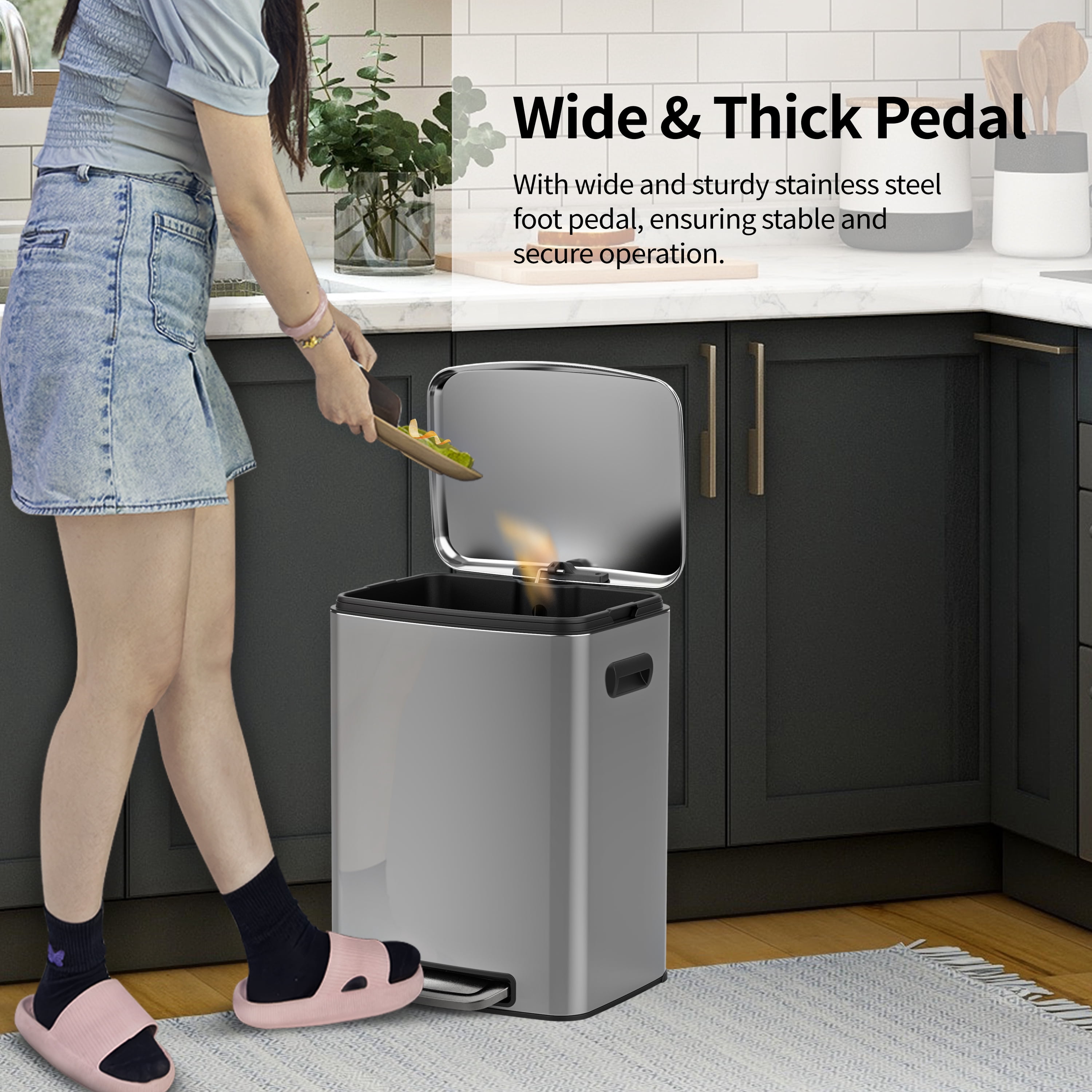 BinMax 13 Gallon Waste Bin Soft Closing Stainless Steel Silver Kitchen Step Trash Can