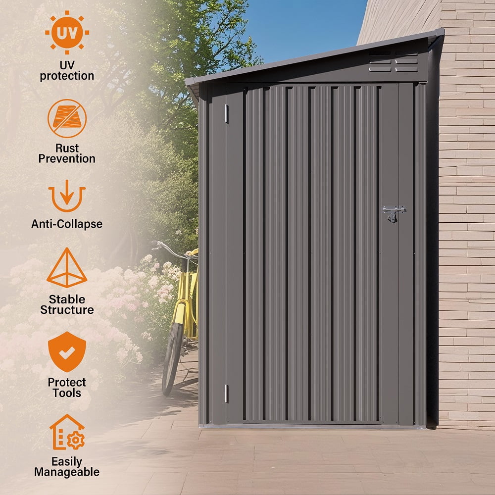Gray  4x9 FT Lean to Shed with Windows, Metal Garden Shed Tool House with Sloping Roof with 2 Vents and 1 Side Open Door, Outdoor Storage Shed Waterproof for Backyard, Garden, Patio,