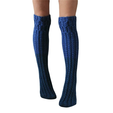 

Calsunbaby Women Cable Knitted Long Stockings Thigh High Boot Socks Winter Solid Color Over Knee Leg Warmers Dark Blue