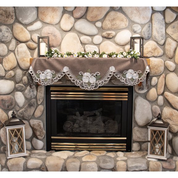 Embroidered Silver Daisy with Green Leaves on Brown Mantel Scarf (19" x 90")