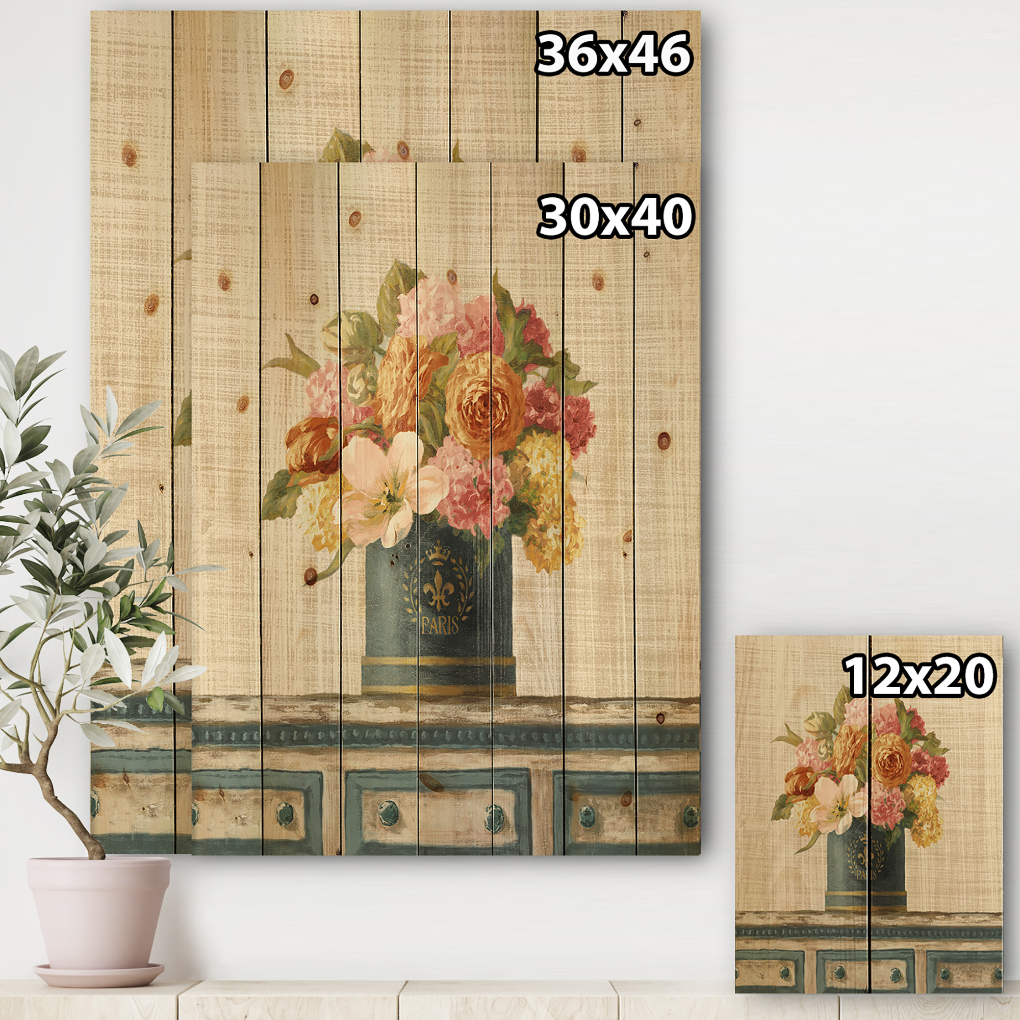 Designart 'Tulips in Gold and Teal and Hatbox on Linen' Cabin & Lodge Print on Natural Pine Wood